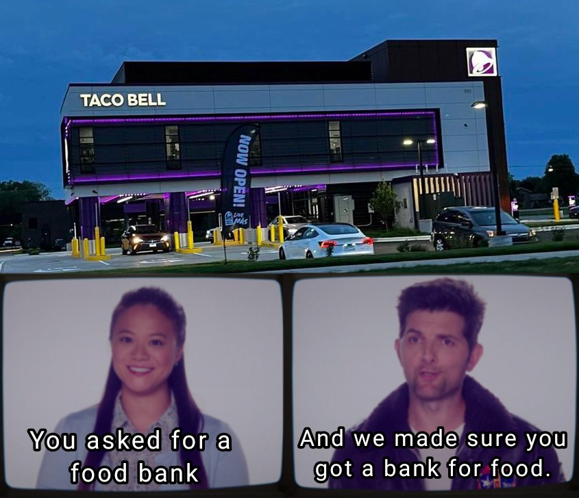 This meme is a play on the popular "I can see your house from here" phrase, but with a humorous twist. The image shows a Taco Bell restaurant with a sign that says "I can see Taco Bell from here", followed by a screenshot of a couple from a TV show saying "You can see Taco Bell from here" and then "You can see Taco Bell from here" again.
